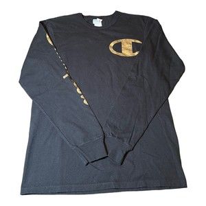 Vintage Champion Shirt Black w/Gold Spell Out Long Sleeve Crew Neck Mens Size M